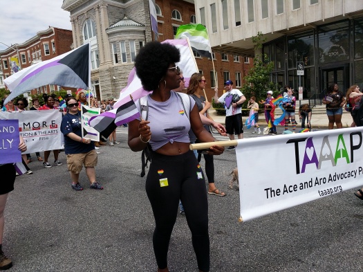 A black woman holds an ace flag in one hand and the TAAAP banner in the other hand. Behind her there are other marchers holding a variety of flags and signs.