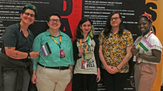 Five people standing in front of the conference schedule poster, holding the asexual, aromantic, and genderqueer flags.